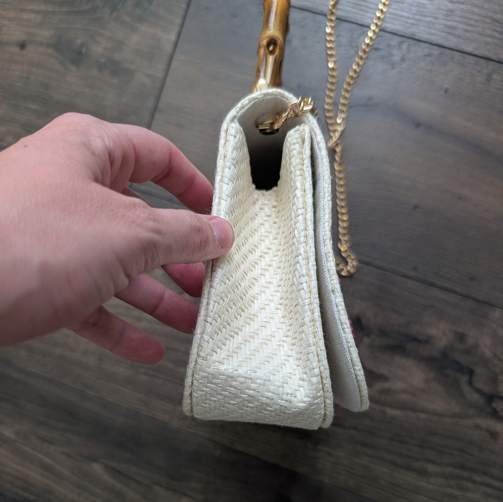 Haute Hippie White Woven Top-Handle Bag with Pink, Blue & Red Floral Appliqués - Picture 7 of 11